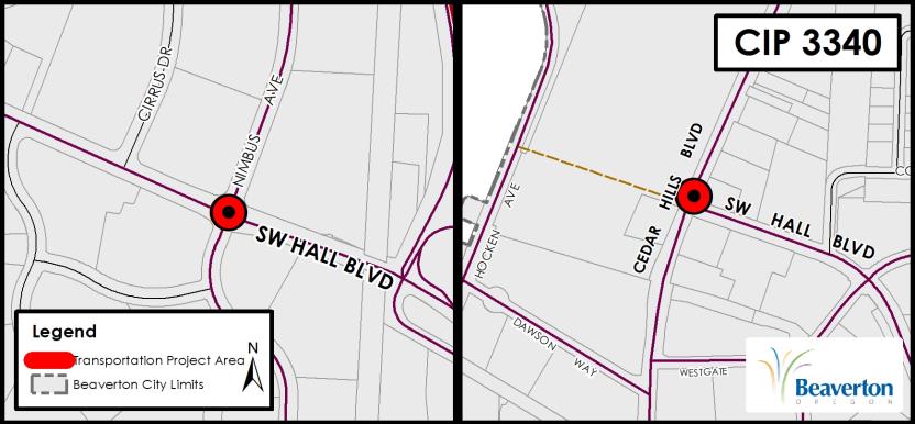 CIP 3340 Transportation Project split map of SW Hall Boulevard &SW Nimbus Avenue, and SW Hall & SW Cedar Hills Blvd intersection project areas.